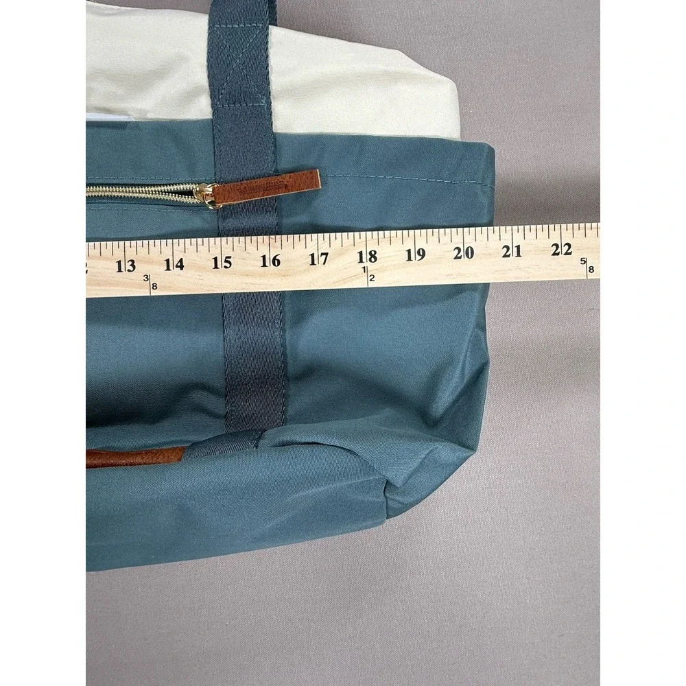ECOHUB Tote‎ Bag Women Blue Beige Pockets Recycle Medium Canvas Travel Zip Work